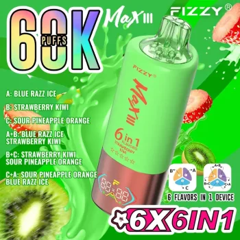 Fizzy Max III 6in1 60K (60000) Puffs LCD Display 60ml E-liquid 850 mAh Battery 2% 5% Nicotine 10 Flavors Disposable Vape