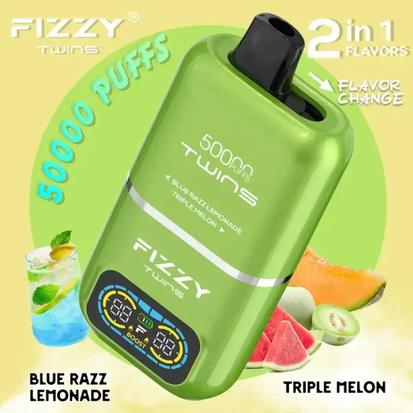 Fizzy Twins 50K (50000) Puffs Blue Razz Lemonade Triple Melon Disposable Vape – A New Era in Vaping Innovation 2 Fizzy Twins 50K (50000) Puffs Dual Flavors 50ML E-liquid Mesh Coil 850 mAh Battery 2% 5% Nicotine LCD Screen Disposable Vape – A New Era in Vaping Innovation