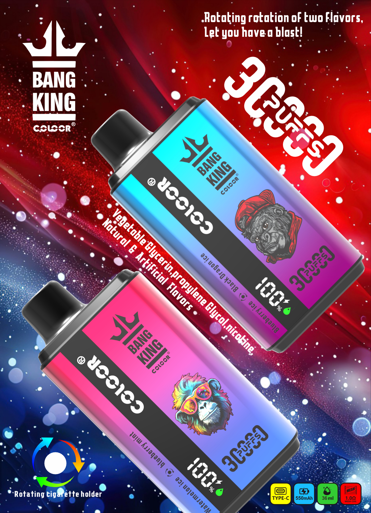 24hvape.cn Bang King 30K(30000) Puffs New Double Flavor 0% 2% 3% 5% Nicotine LED Digital Display 36ml E-liquid Disposable Vape